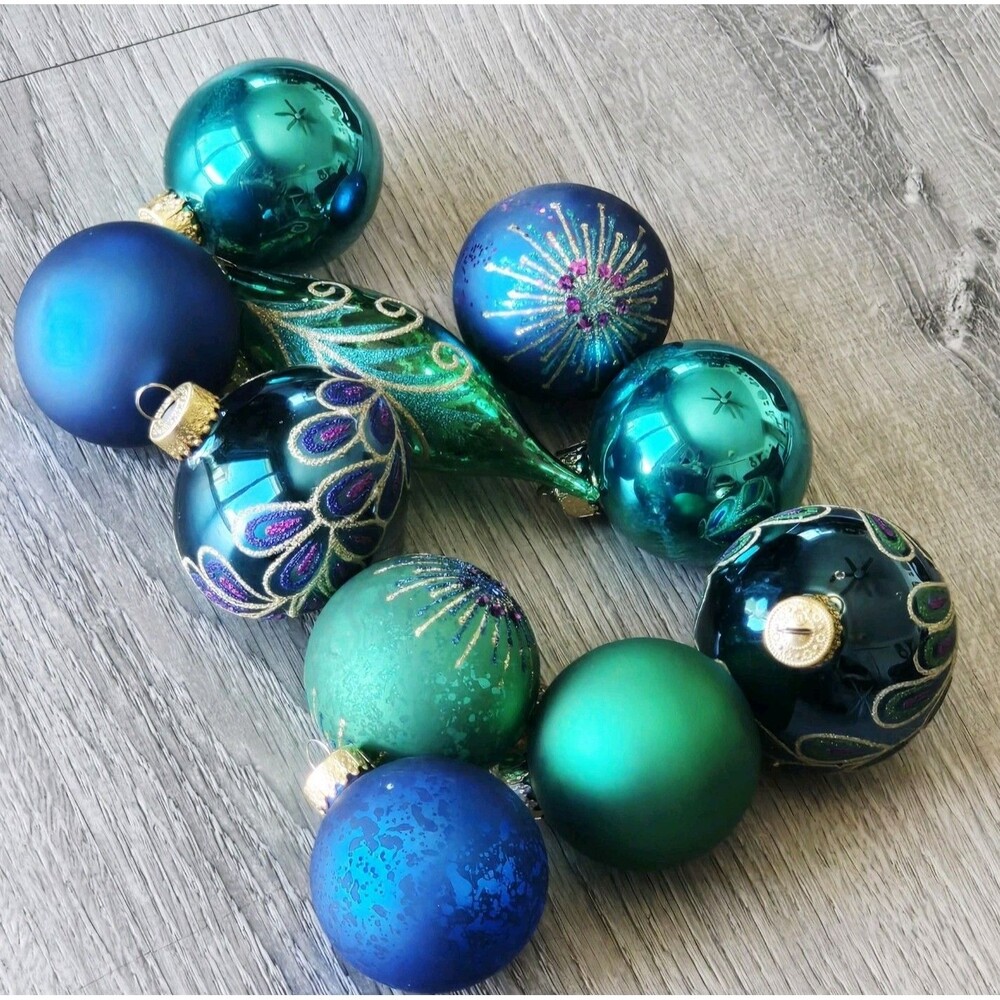 10pc Glass Christmas Ornaments Peacock Collection Robert Stanley